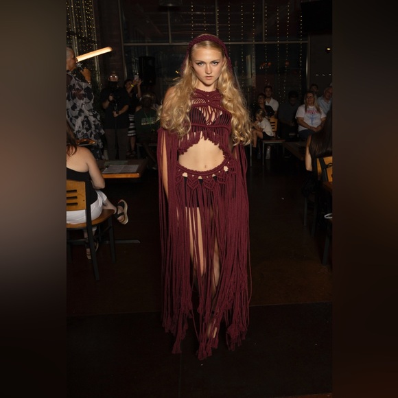 Handmade Wine Red Macramé Dress Unique Small - Picture 8 of 16